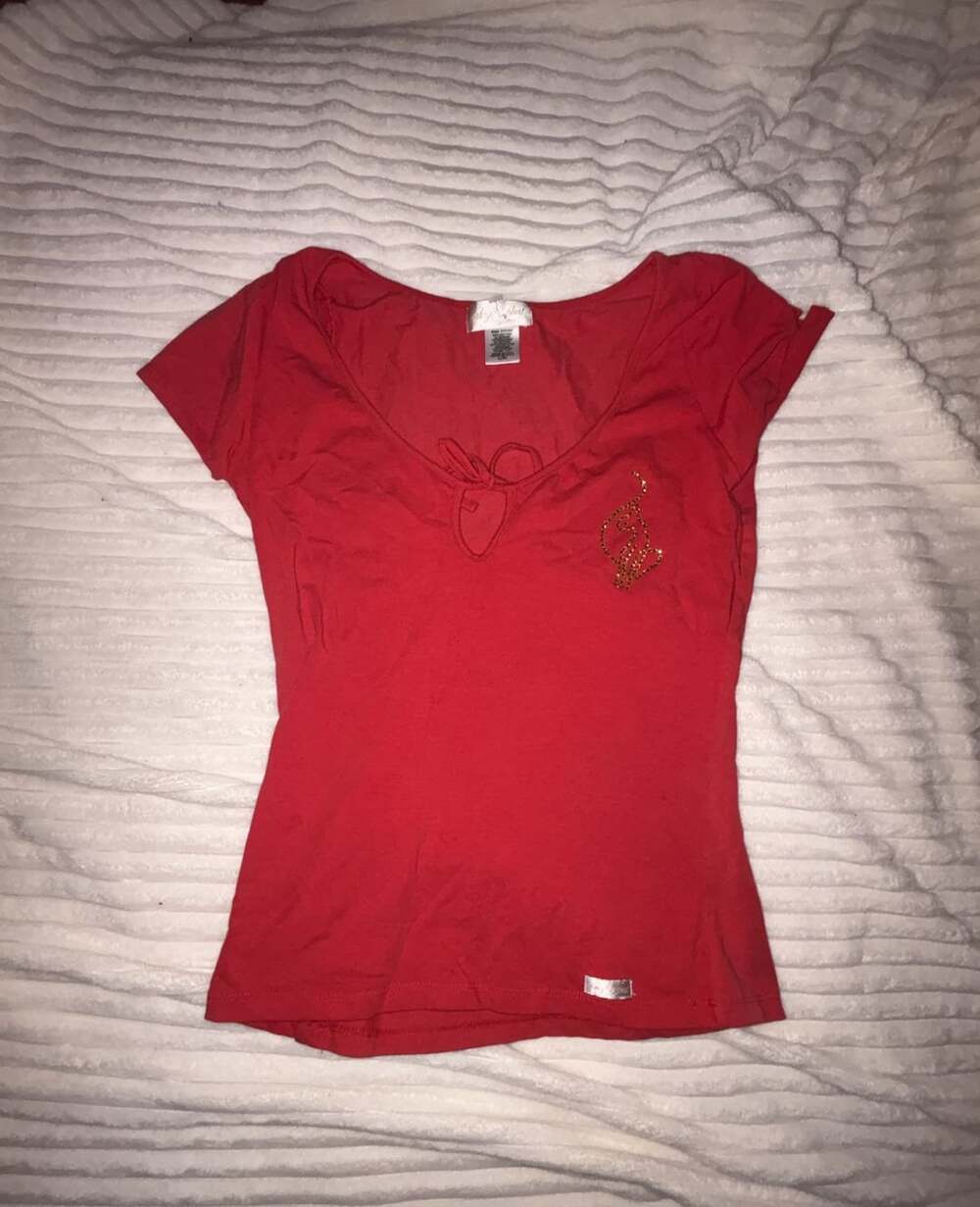 Baby Phat Rhinestone Cat Logo Short Sleeve Top Size L Red Y2K